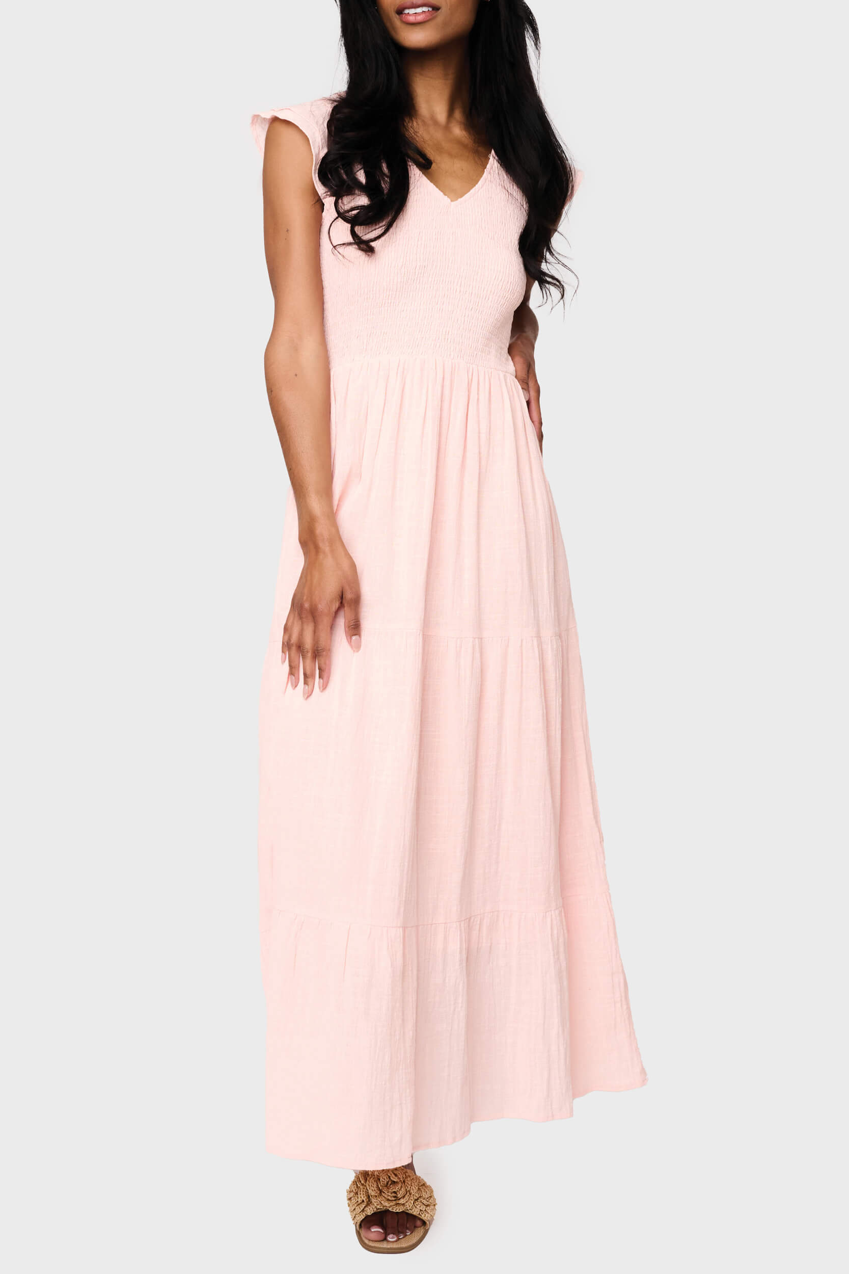 Flutter Sleeve Smocked V-neck Tiered Maxi Dress