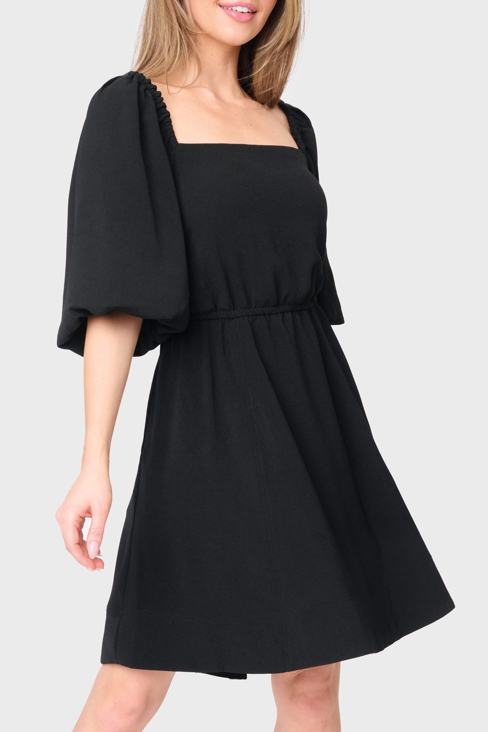 Balloon Sleeved Square Neck Crepe Dress
