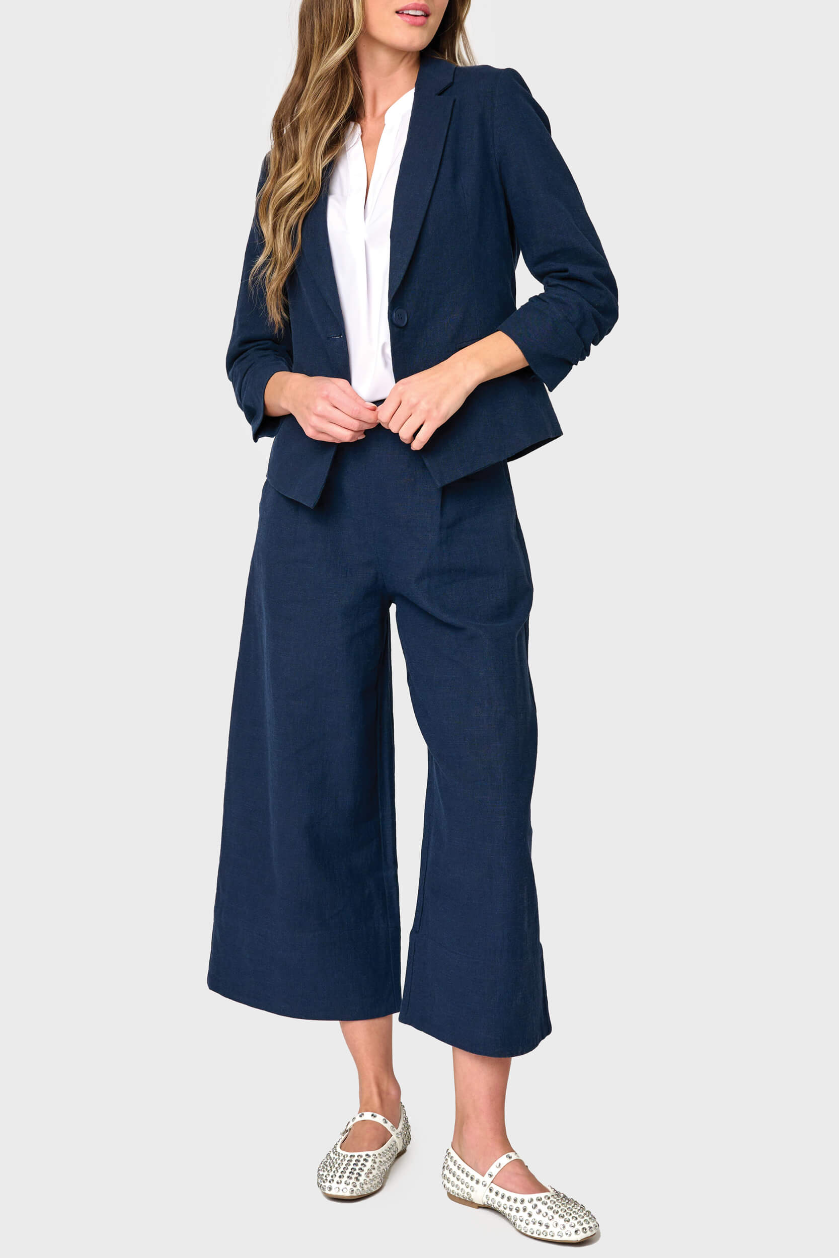 Notch Collar Linen Blazer With Rouched Sleeve