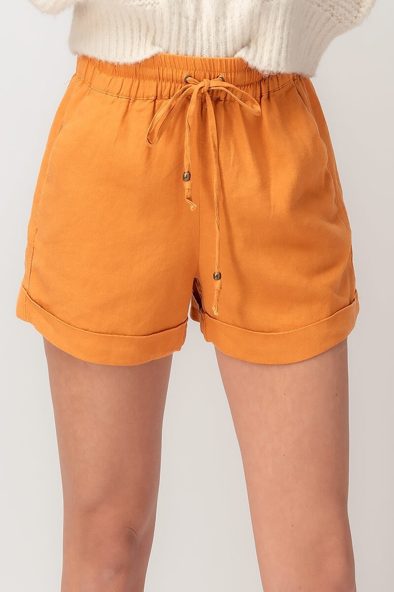 Linen Waistband Shorts With String Tie