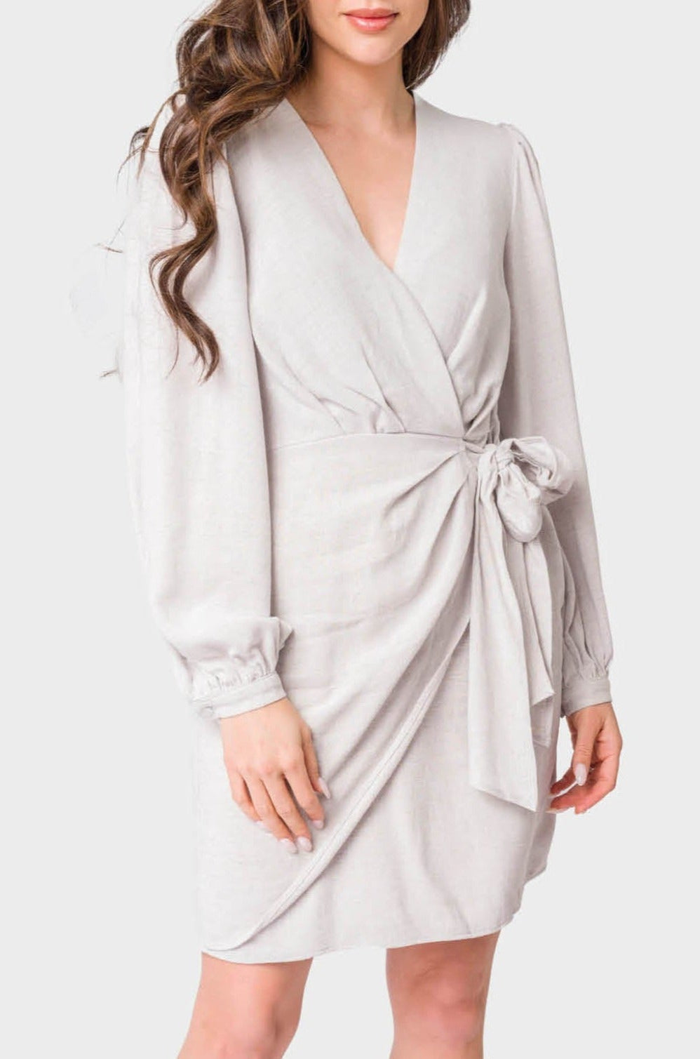 Blouson Sleeve Wrap Linen Dress