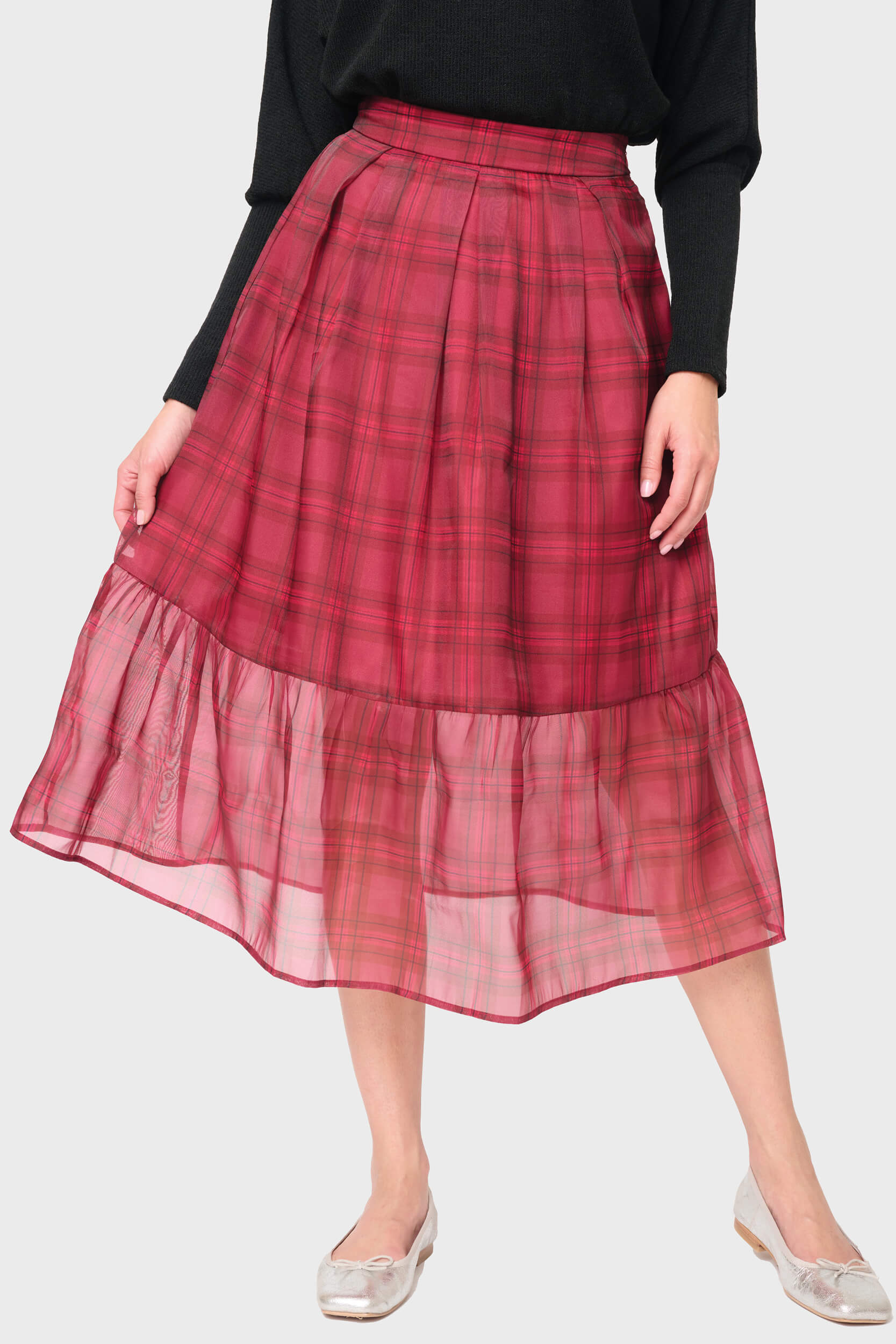 Festive Plaid Organza Tiered Midi Skirt