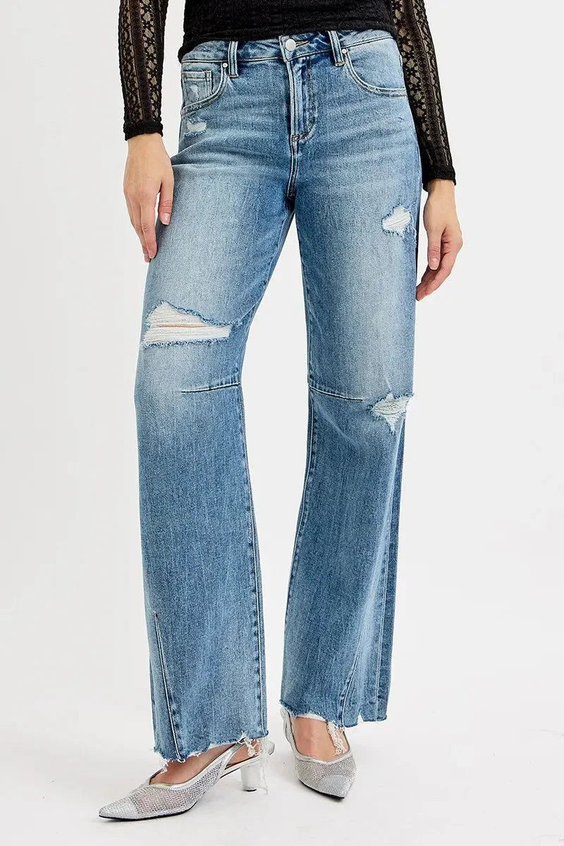 Risen Mid Rise Fit Wide Baggy Leg Tie Washed Jeans | Includes Plus Size