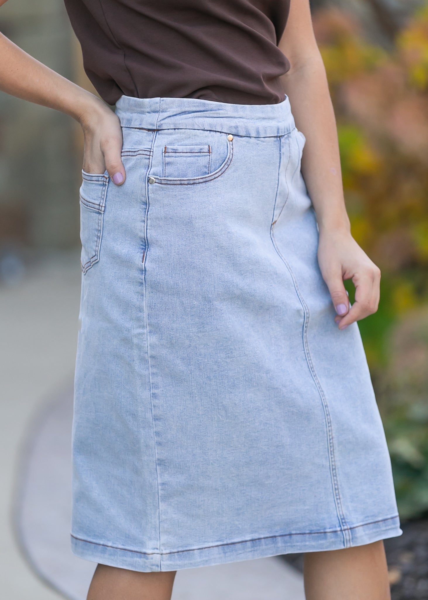 Sandra Light Wash Denim Midi Skirt | Include Plus Size
