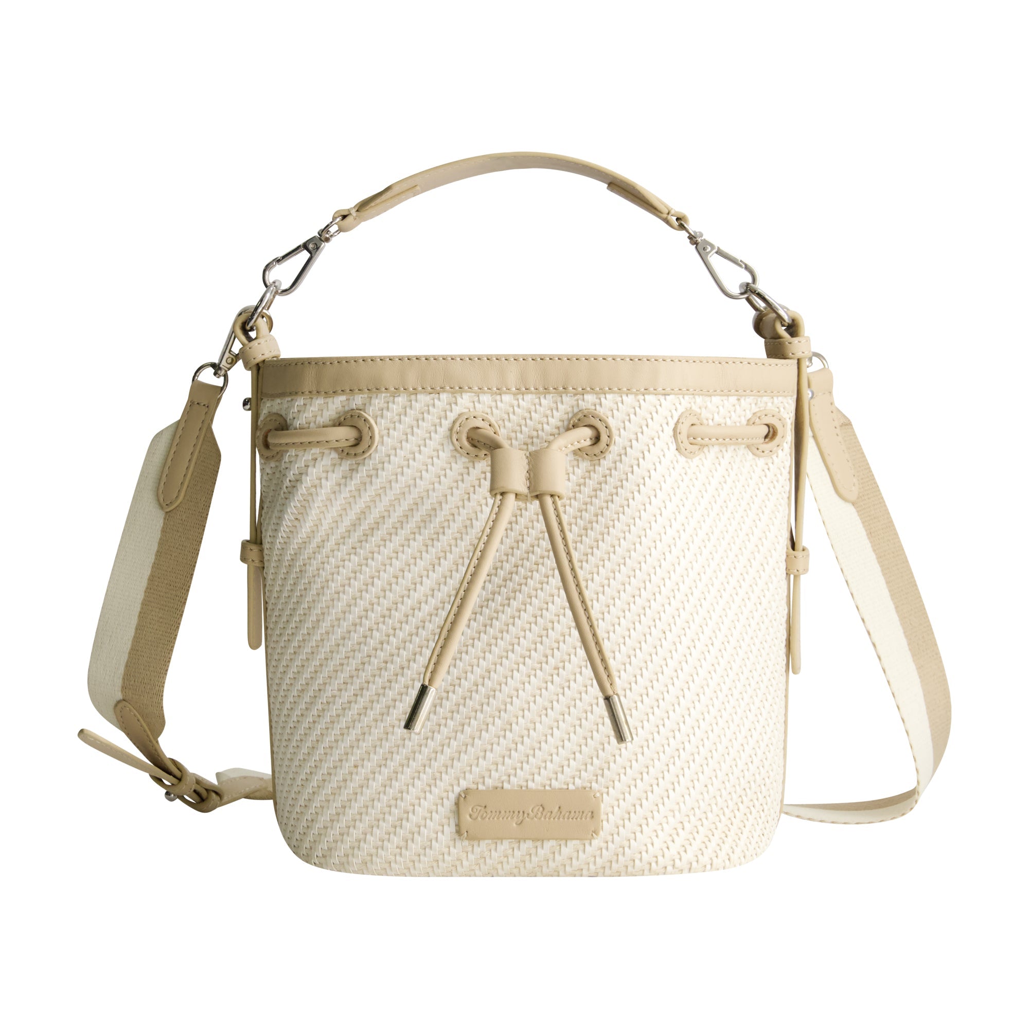 Tommy Bahama Soft Woven Drawstring Bucket Bag, Tan/white
