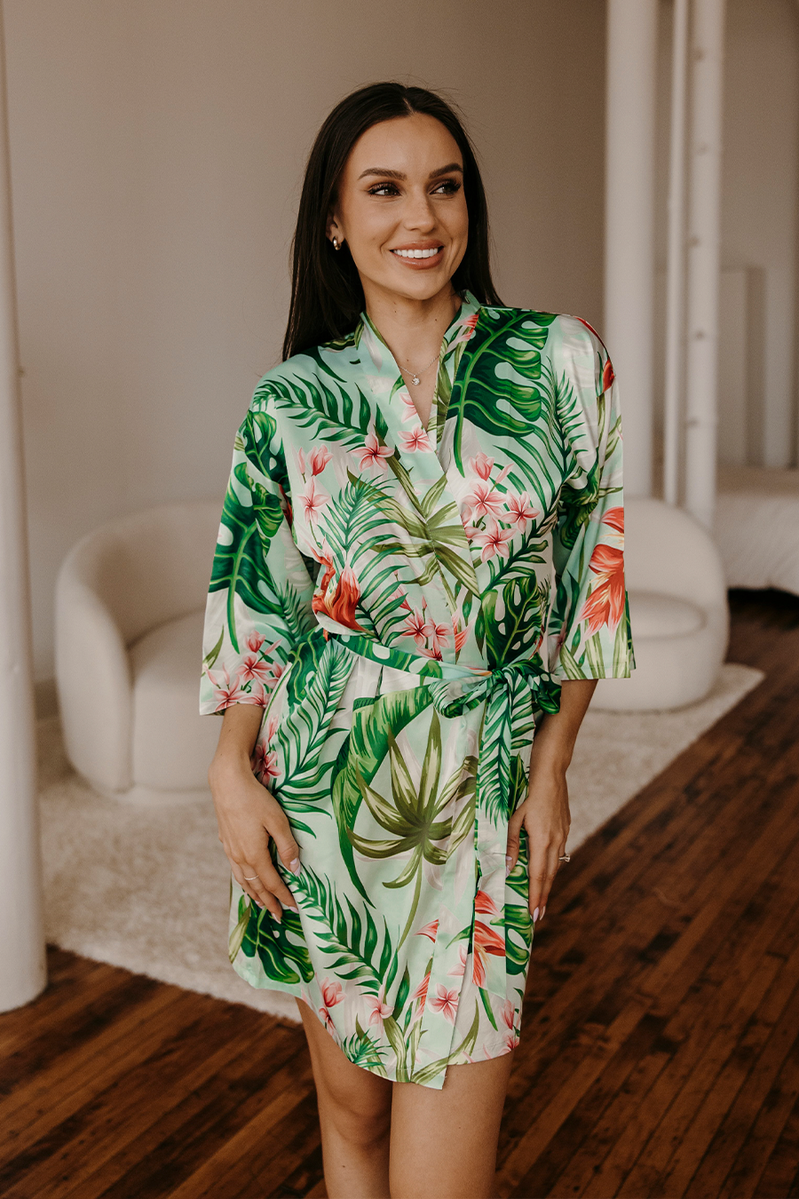Mint Tropical Satin Robe | Includes Plus Size