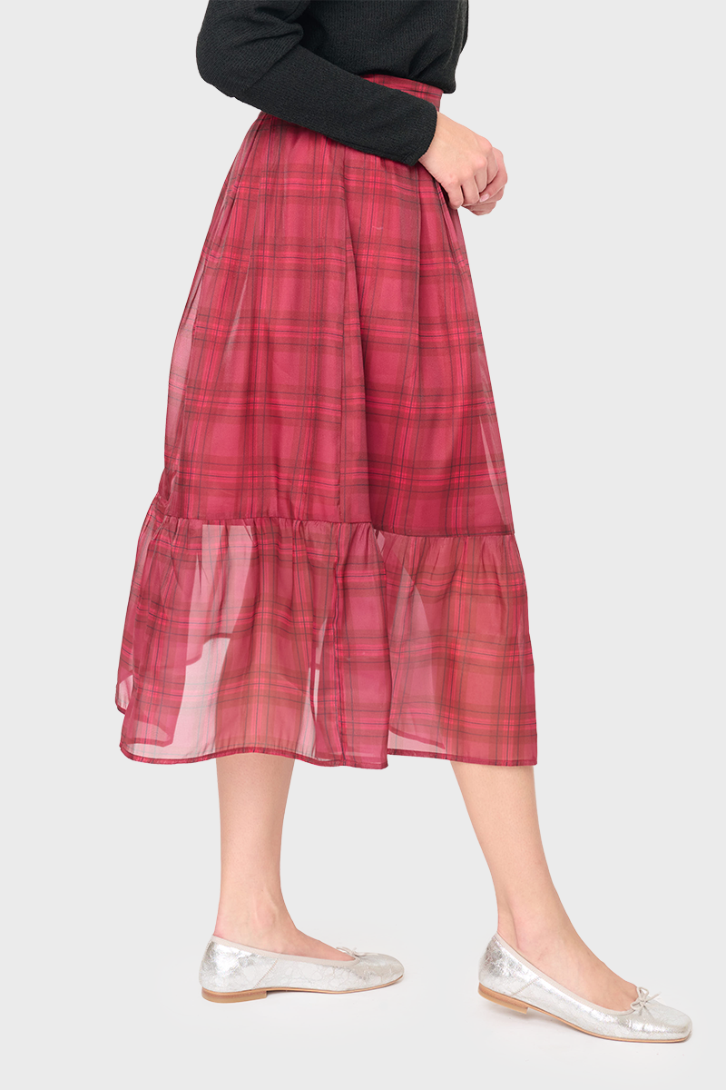 Festive Plaid Organza Tiered Midi Skirt